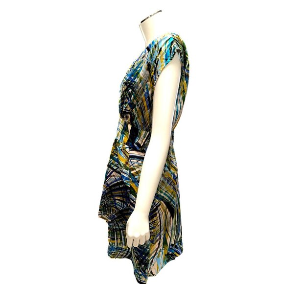 Corey P Size 8 Multicolor Abstract Print Dress V Neck Pleated Waist Modern Chic - Picture 3 of 10